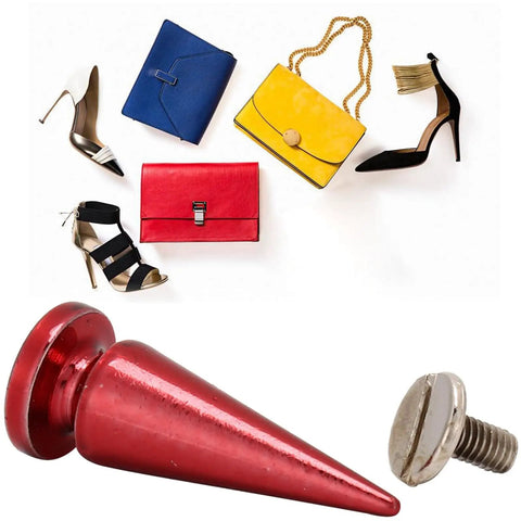 Badass Screw On Metal Spikes and heavy duty leather hardware with stylish bags and shoes in background.
