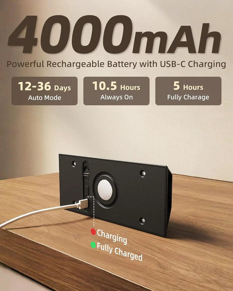 Wireless Motion Sensor Wall Light With Remote Control Rechargeable Led Sconce 4000mAh battery charging on wooden table.