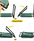Folding Garden Kneeler Stool With 8 Inch Wide Kneeling Pad And Tool Pouch for Planting and Gardening, showing folding process.