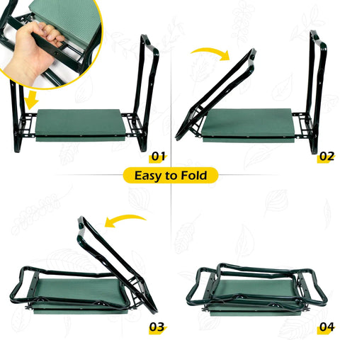Folding Garden Kneeler Stool With 8 Inch Wide Kneeling Pad And Tool Pouch for Planting and Gardening, showing folding process.