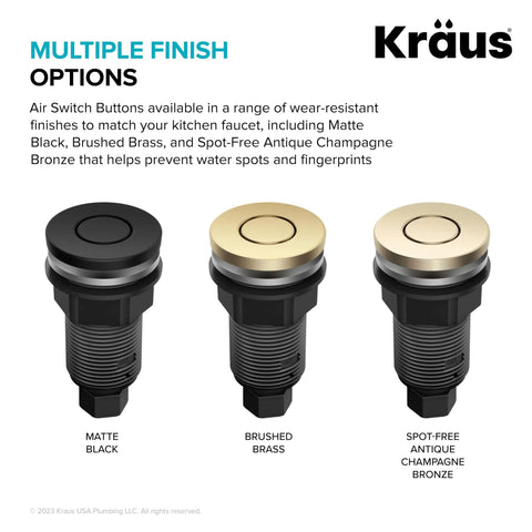 Flat Top Garbage Disposal Air Switch Button In Brushed Brass Universal Replacement pictured with matte black and champagne bronze finishes
