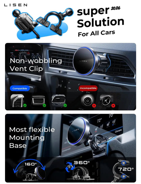 15W MagSafe Car Mount Charger With Magnetic Wireless Phone Holder for iPhone 17 Pro Max in car vent and dashboard mount angle