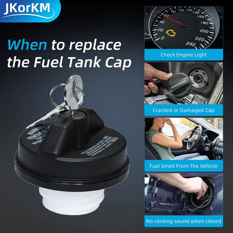 Beefed-Up Locking Gas Cap Replacement For Toyota Vehicles with key, use instructions inset, product on black background