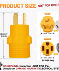 NEMA 10-30P to 14-50R EV charger adapter for Tesla, 24A, showing dimensions, not for RV use, yellow adapter with prong details.