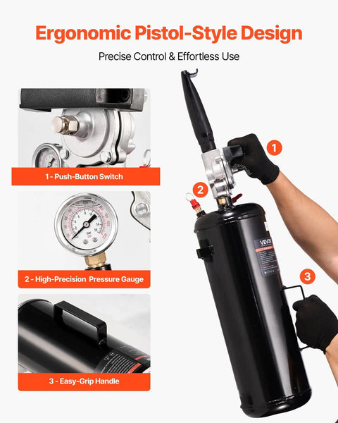 Portable Tire Bead Seater And Air Bead Blaster On The Go, 2.1 Gal Tank, showing ergonomic design and pressure gauge