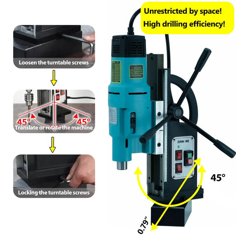 Heavy Duty Magnetic Drill Press, 2000W Motor With 16A Power For Metal Surface Drilling, featuring adjustable angle for efficient drilling.