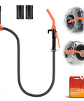 3GPM portable siphon pump, front view, orange-red body, black hose