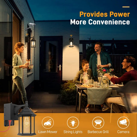 Outdoor Porch Light With Built In Outlet And GFCI, Dusk To Dawn Waterproof Hexagonal Design Wall Lantern with family by table