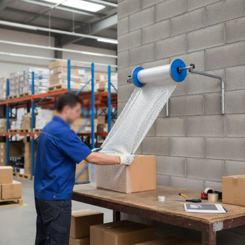 Zero Fuss Wall Mount Bubble Wrap Dispenser With Heavy Duty Foam Roll Packer Runs Super Slick For Active Packing Stations Includes Full Hardware Kit Fits One Meter Wide Films For Swift Daily Shipments in a warehouse setting.