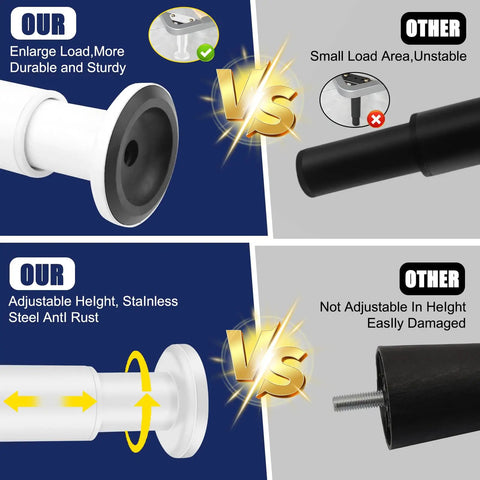 Comparison of Total Game Changer Adjustable Metal Bed Legs In Crisp White set versus unstable black bed legs, highlighting durability and adjustability.