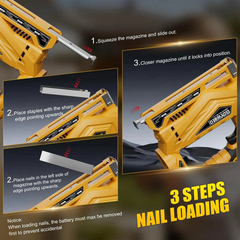 Instructions for nail loading on Smooth Shooting 21V Cordless 3-In-1 Brad Nailer And Staple Gun Bundle with images of the process.