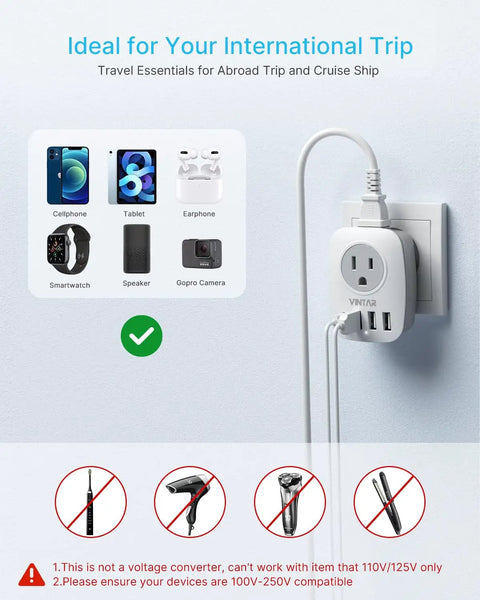 Image showing 6 In 1 Europe Travel Power Adapter With 2 US Outlets, 1 USB C Port, 3 USB Ports, Type C Converter plugged into wall socket.