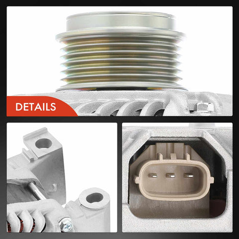 Close-up of Beefed Up 12V 110A Alternator For Mazda 6 2006 To 2013 And Mazda 3 2007 To 2013 L4 2.3L With Six Groove Pulley Clockwise Rotation