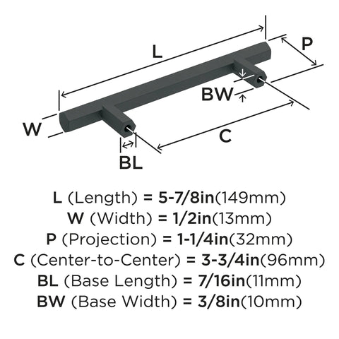 Diagram of Matte Black Cabinet Pull 3 3 4 Inch Center To Center 5 7 8 Inch Overall Length with measurements