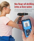 Stud Finder Wall Scanner, 4 in 1 Detector for Wood Metal AC Wire in use with a drill, ensuring safety from live wires.