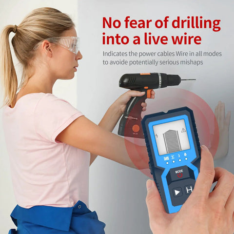 Stud Finder Wall Scanner, 4 in 1 Detector for Wood Metal AC Wire in use with a drill, ensuring safety from live wires.