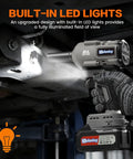 1/2 Inch Brushless Cordless Impact Wrench Packs Badass 1700Nm High Torque under car with LED light illuminating bolts.