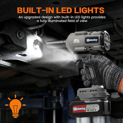 1/2 Inch Brushless Cordless Impact Wrench Packs Badass 1700Nm High Torque under car with LED light illuminating bolts.