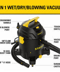 3-in-1 wet/dry/blowing 10 Gallon Wet Dry Shop Vacuum With 6 Peak HP Motor and Built In Drain, heavy duty suction features labeled