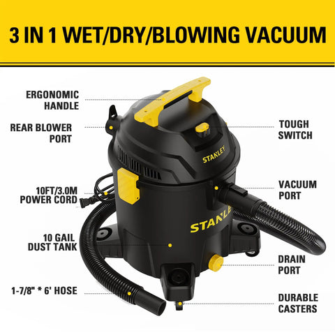 3-in-1 wet/dry/blowing 10 Gallon Wet Dry Shop Vacuum With 6 Peak HP Motor and Built In Drain, heavy duty suction features labeled