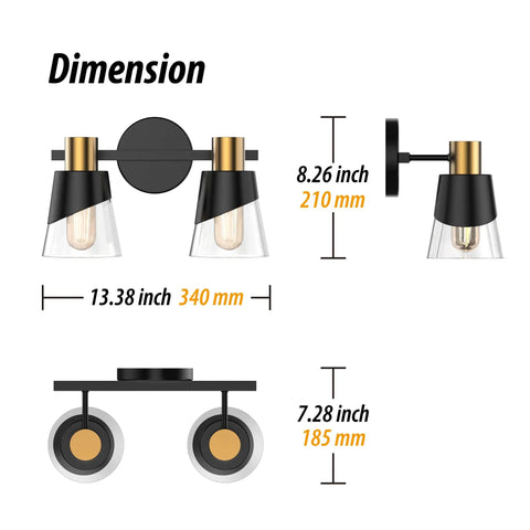 Dimensions of Over Mirror Vanity Light Fixture With Black And Gold Finish 2 Light Wall Lamp 13 Inch Beveled Edge Clear Glass Shades