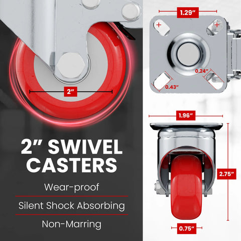 Swivel caster wheels, 4-pack, 2-inch red polyurethane with brakes for home improvement