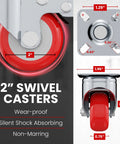 Front view of eight 2-inch red polyurethane brake swivel plate casters with metal frames