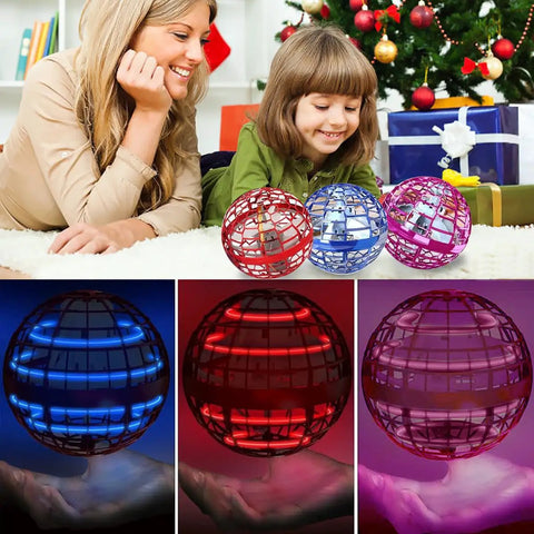 2025 Upgraded Flying Orb Ball Toy With Hover Boomerang Spin Mini Drone for kids displayed with RGB lights and smiling children.