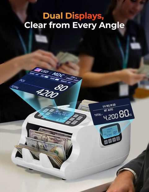 IMC22 Money Counter Machine For Mixed Denominations And Multi Currency, CIS UV IR MG, dual displays showing bill count