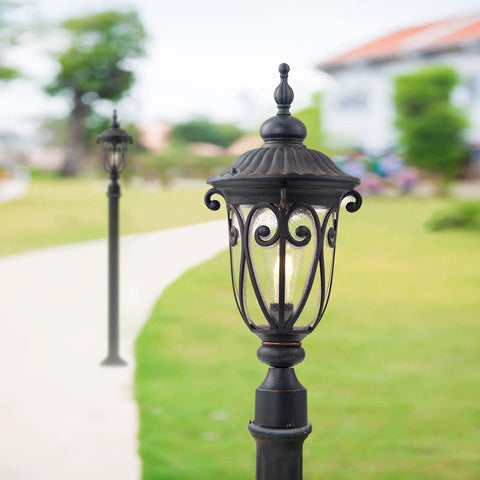 Vintage Outdoor Post Light With Pier Mount 24 Inch High Yard Lantern In Antique Bronze Weatherproof Aluminum Pole With Seeded Glass Shade For Path Patio Driveway And Garden Decor