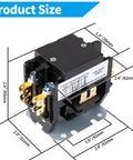 24 VAC 2-Pole 40 Amp HVAC Contactor with silver alloy contacts, dimensions highlighted, shown with flame retardant housing