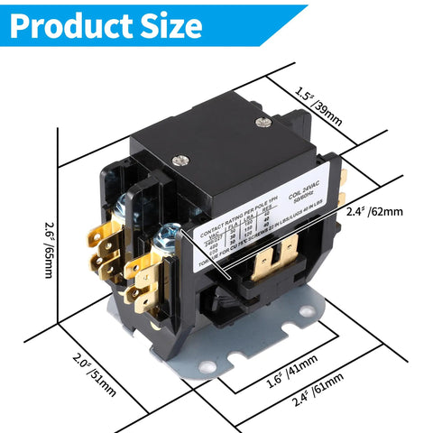 24 VAC 2-Pole 40 Amp HVAC Contactor with silver alloy contacts, dimensions highlighted, shown with flame retardant housing