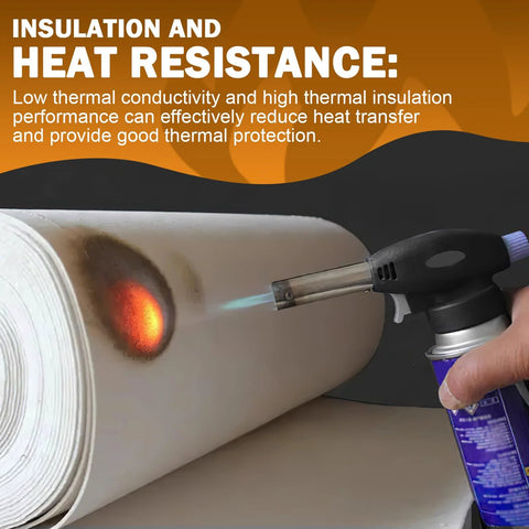Side view of ceramic fibre gasket sheet for high-temp insulation, 7x10 inches, 1/8 in thick, heated with torch.
