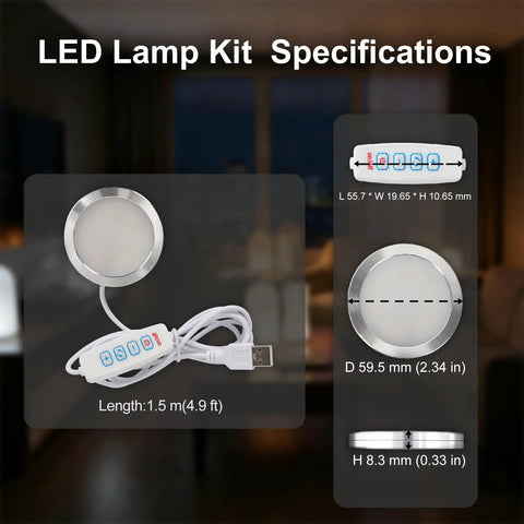 Three Color LED Lamp Kit 3Pcs For 3D Printers with size specifications and USB cable, USB Powered 5V 3000K Warm Light, Lighting Upgrade For Precision Builds