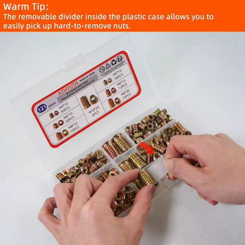 Threaded Inserts For Wood Kit 121 Pieces Zinc Plated Steel Hex Socket Flanged Threaded Wood Inserts in plastic case for DIY projects.