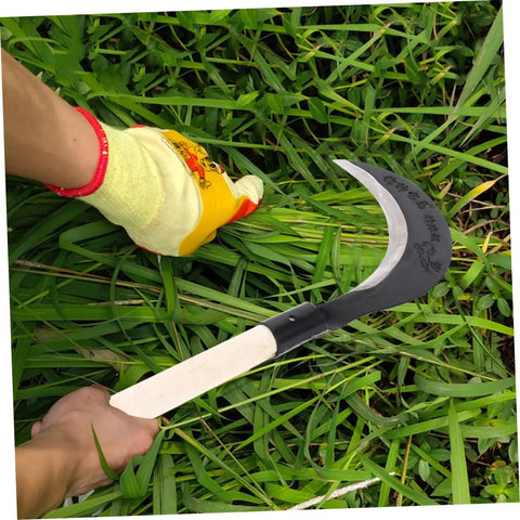 Long Handle Manganese Steel Hand Scythe for Weeding and Gardening with a Comfy Grip; tool cutting through tall grass