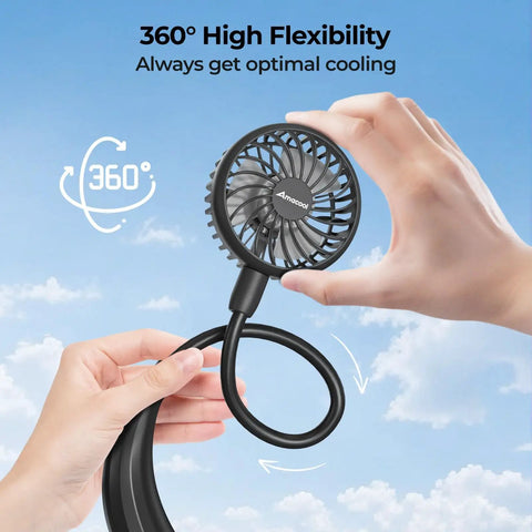 Portable Neck Fan for Hands Free Cooling, Lightweight Wearable Personal Fan with 360 Degree Adjustability being held by hands