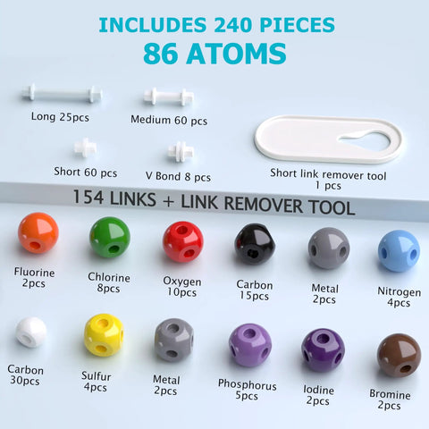 240 Piece Molecular Model Kit for Organic Chemistry, Visualize 3D Molecules, Atom and Bond Building Set with atoms and links