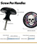 4 Pack Gothic Floral Skull Cabinet Knobs Dope Acrylic Round Drawer Pulls with skull and floral pattern, dimensions shown