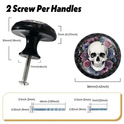 4 Pack Gothic Floral Skull Cabinet Knobs Dope Acrylic Round Drawer Pulls with skull and floral pattern, dimensions shown