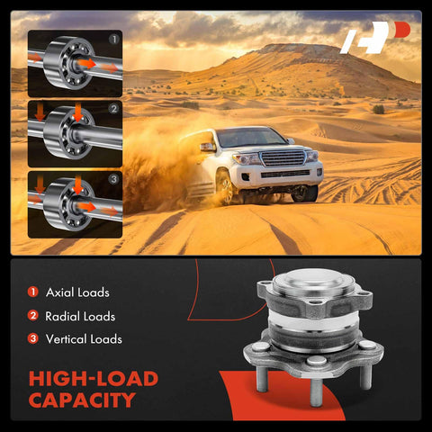 Beefed-Up Rear Wheel Bearing Hub Assembly For Five Lug Vehicles Fits Nissan Altima 2019 To 2023 And Rogue 2021 To 2024 Front Wheel Drive Only Heavy Duty Load Capacity Quiet Smooth Ride Easy Install Replacement Part with high-load capacity shown in diagram and SUV in desert background