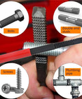 Hands using restorer file from 15-Piece Metric Thread Chaser Set for re-tapping damaged threads on bolts and pipes.