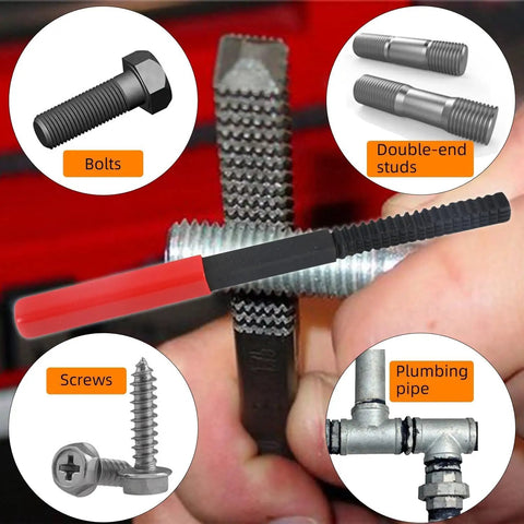 Hands using restorer file from 15-Piece Metric Thread Chaser Set for re-tapping damaged threads on bolts and pipes.