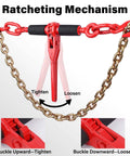 Ratcheting Chain Binders With Grab Hooks 1/4-5/16 Inch, 2,200 LBS Working Load mechanism showing tighten and loosen feature