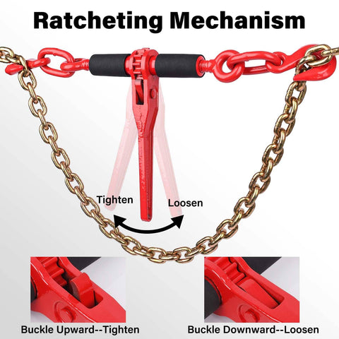 Ratcheting Chain Binders With Grab Hooks 1/4-5/16 Inch, 2,200 LBS Working Load mechanism showing tighten and loosen feature