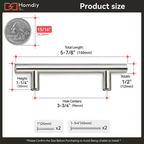 Slick 25 Pack Brushed Nickel Cabinet Pulls Measuring Three Point Seven Five Inch Center Spacing Easy Peasy Mounting Heavy Duty Construction dimensions with coin comparison.
