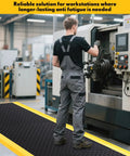 Anti Fatigue Industrial ESD Mat With Ground Wire 3x12 Feet Thick Three Quarter Inch Heavy Duty Ergonomic Standing Floor Pad Black With Yellow Border For Commercial Shops And Lab Stations in a workshop with worker operating a machine.