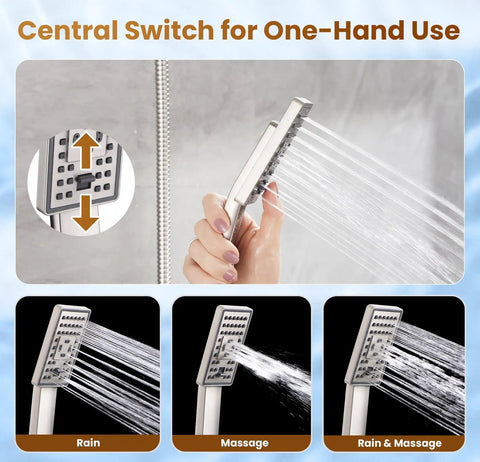 Dual Shower Head System With 8 Inch Square Rainfall Head And Handheld Spray 60 Inch Hose 3 Way Diverter Wall Mount Bracket Brushed Nickel Finish For A Dope Spa Like Bath Upgrade showing handheld spray modes