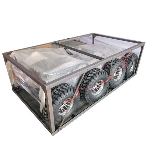 Packaged 125cc Go Kart With 3 Speed Semi Automatic Transmission And Reverse, 18 inch aluminum rim wheels visible in crate