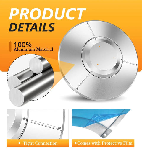 Product details showing 33-Inch Aluminum Patio Heater Reflector Shield, highlighting aluminum material and protective film.